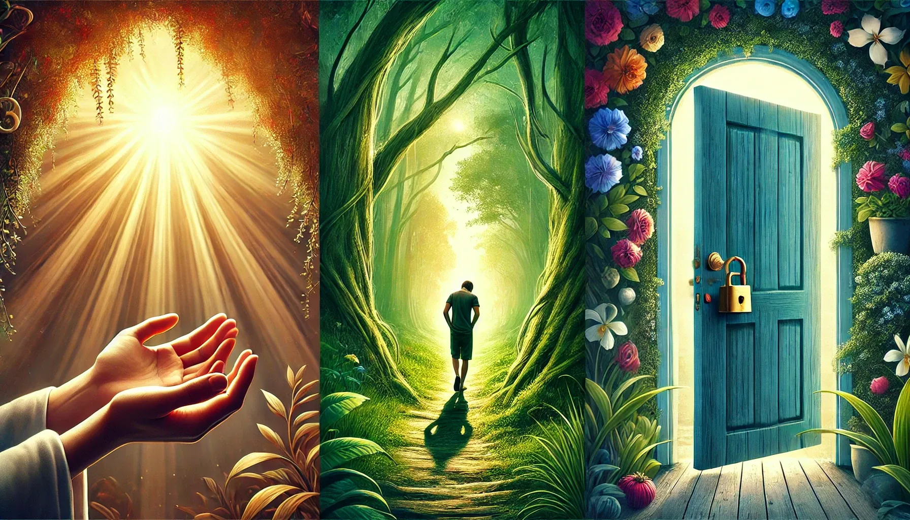 Open hands raised to the light, a figure walking a forest path, and a door being unlocked — asking, seeking, and knocking.