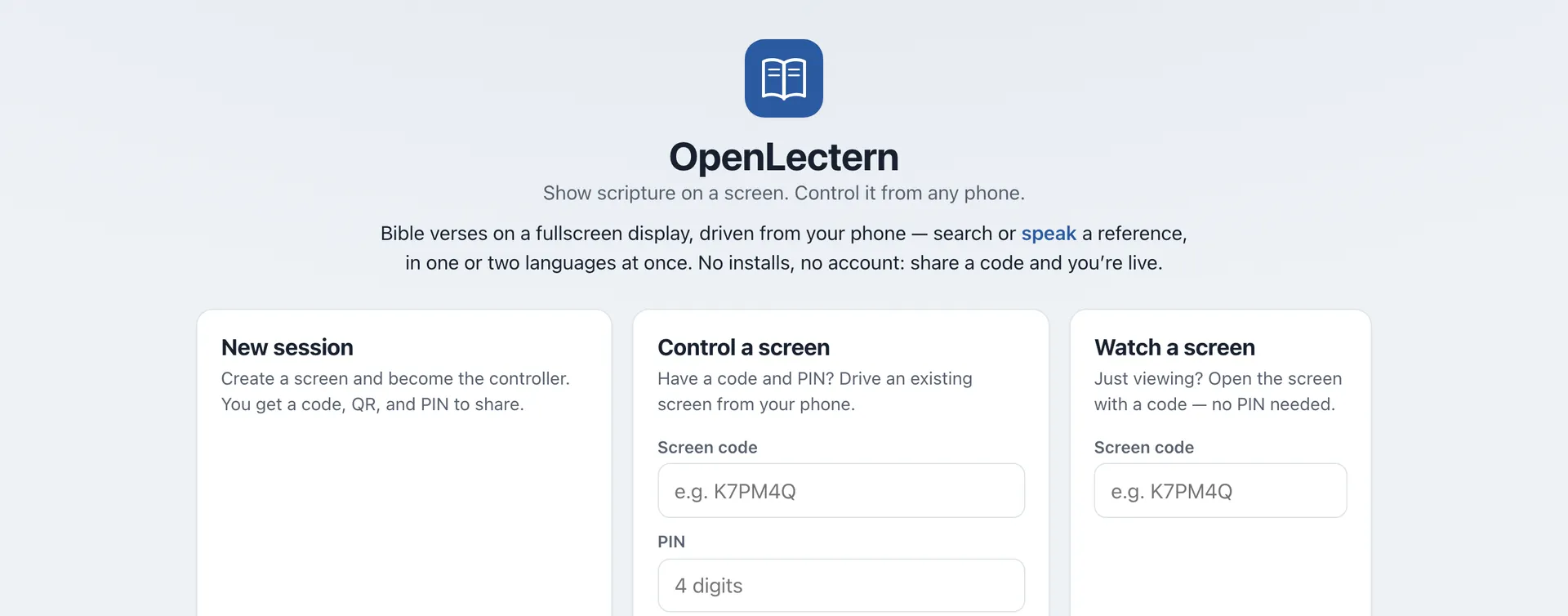 The OpenLectern start page, with options to start a session, control a screen or watch a screen.