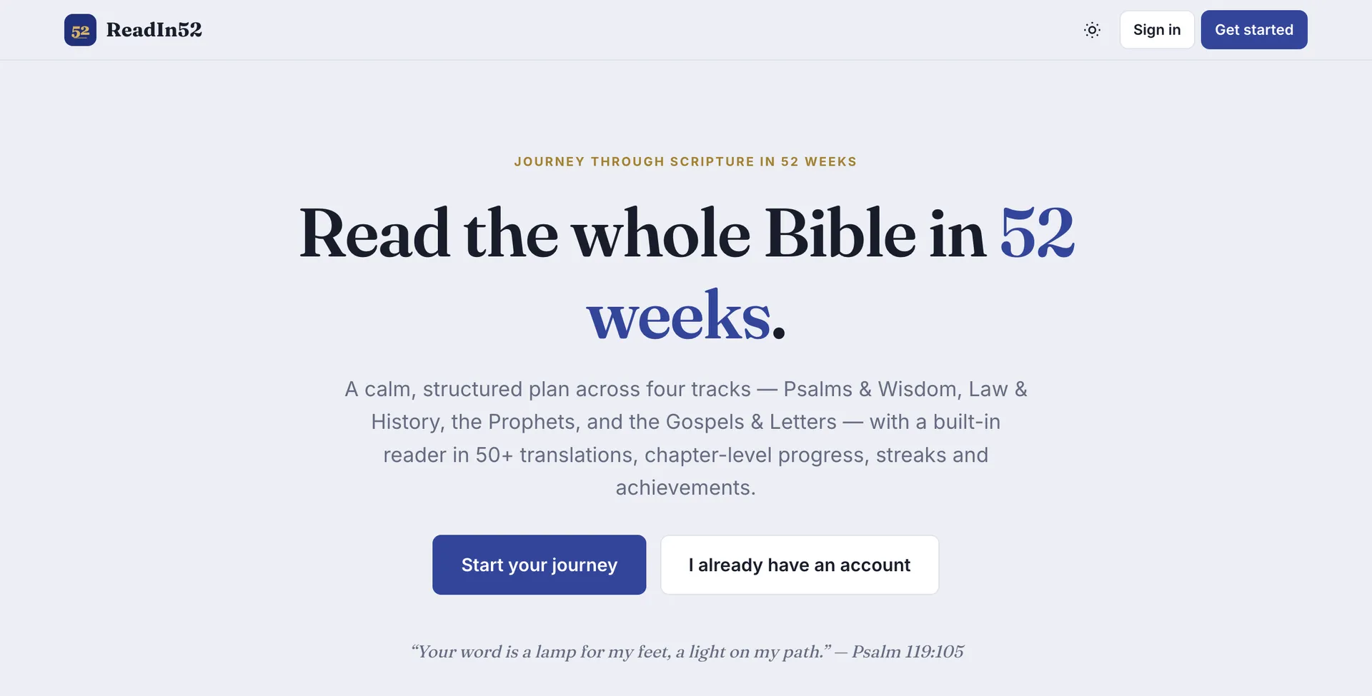 The ReadIn52 home page, headed "Read the whole Bible in 52 weeks".